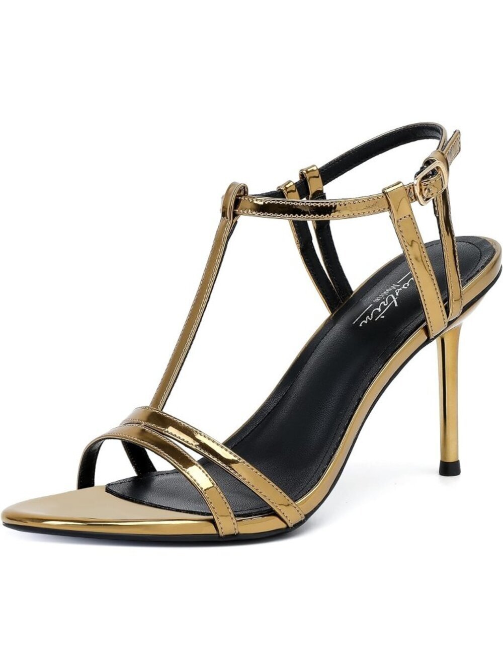 Women's Strappy Square Open Toe High Heel Gold Sandals Ankle Strap Stiletto Heel